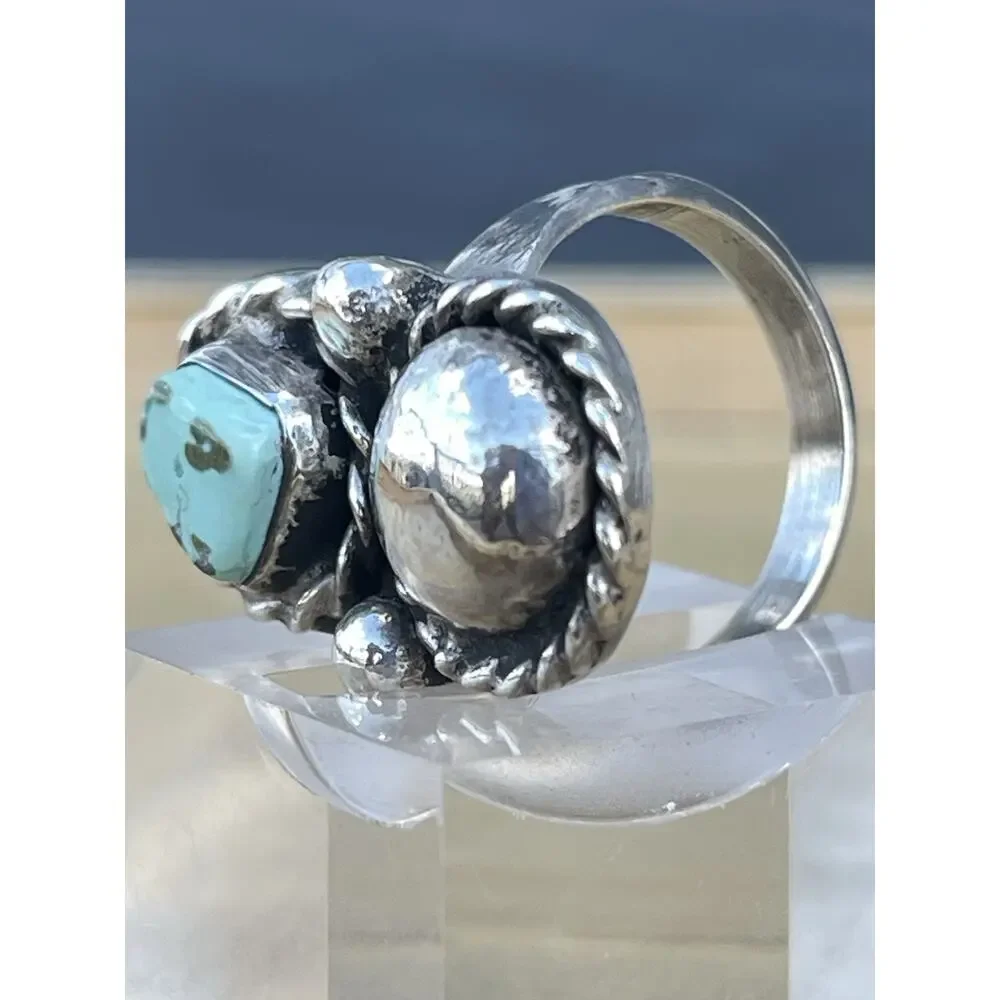 Vintage Navajo Turquoise Sterling Silver Ring Dome Concho Southwest Native 6.75 - Picture 4 of 13